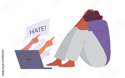 cyber bullying. teenager had mockery and dislike , stress abuse depression, social hate and shame. vector cartoon concept illustration.