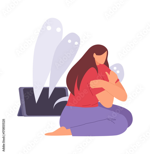 cyber bullying. stress abuse depression and shame, sad teenager had dislike and mockery. vector cartoon flat concept illustration.