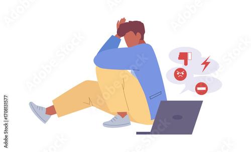 cyber bullying. sad teenager had dislike and mockery, stress abuse depression and shame. vector cartoon flat concept illustration.