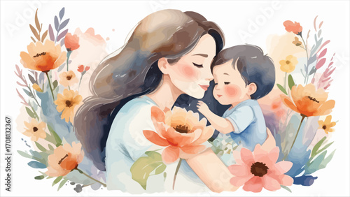 Tender mother and child embrace surrounded by soft watercolor flowers gentle affection