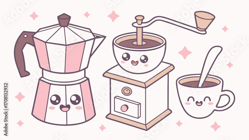 Adorable Kawaii Coffee Set Featuring Smiling Moka Pot Grinder and Cup