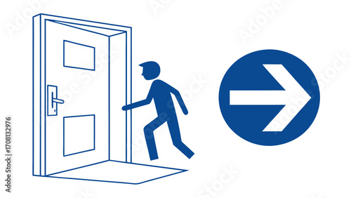 Blue Silhouette Exiting Door with Arrow Sign Indicating Directional Guidance