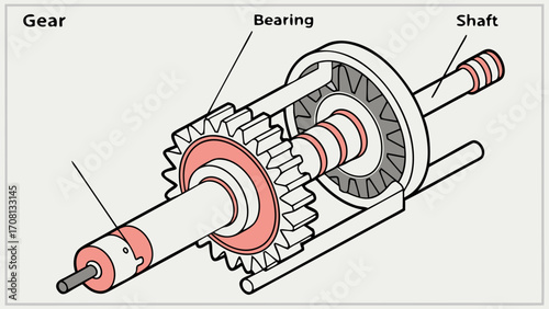 Isometric Illustration of a Gear Bearing and Shaft Assembly with Pink and Gray Accents