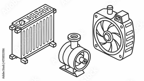 Isometric Line Art Depiction of Radiator Water Pump and Cooling Fan Components
