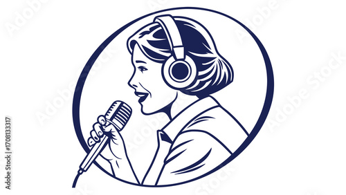 Retro Illustration of a Woman Singing into a Microphone with Headphones