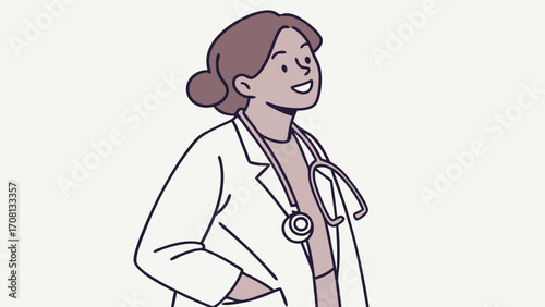 Smiling female doctor in white coat with stethoscope looking upward