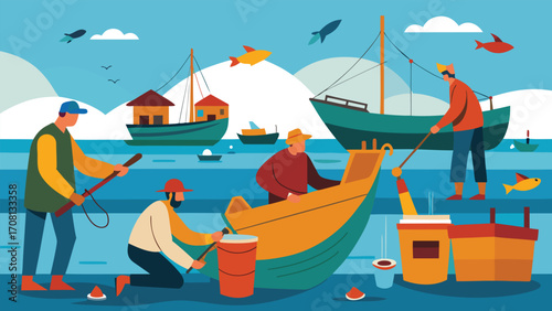 Bustling fishing port with fishermen mending nets and boats vector illustration