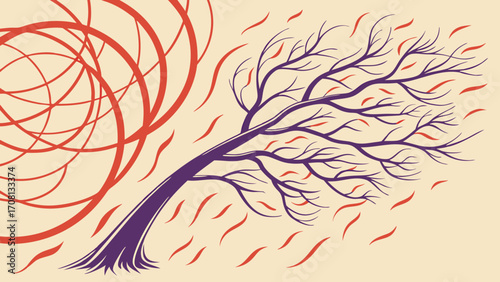 Stylized Bare Tree Bending in a Whirlwind of Red Lines
