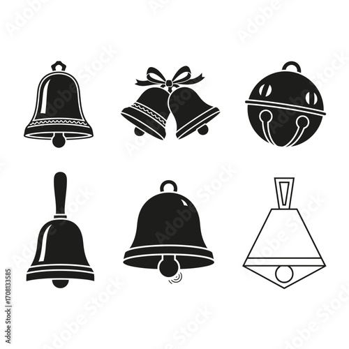 Vector art of collection of six different black and white jingle bell vector illustrations for christmas holiday designs