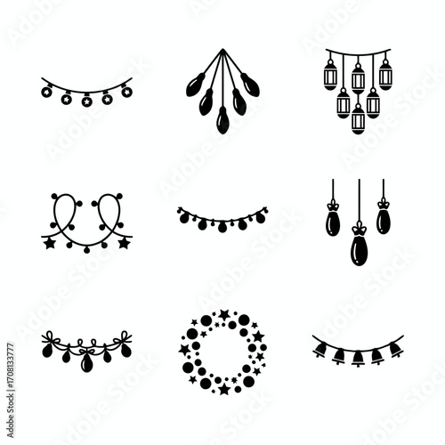 Vector art of collection of decorative string lights, featuring bulbs, stars, bells, and lanterns for festive and celebratory occasions