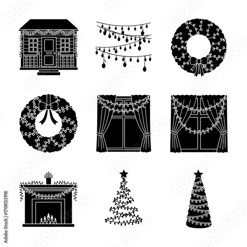 Vector art of christmas silhouette set, featuring a house, lights, wreaths, windows, fireplace, and christmas trees