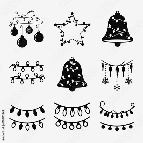 Vector art of set of christmas lights and decorations in doodle style, including star, bell, ornament, and icicle
