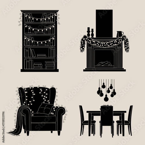 Vector art of silhouette of a room interior decorated with string lights fireplace, bookcase, armchair and dining table christmas holiday decoration elements