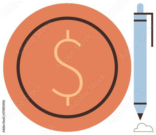 Dollar sign in orange circle alongside blue pen and small cloud icon. Ideal for finance, investment, savings, contracts, digital currency, e-signatures, cloud integration. Simple flat metaphor