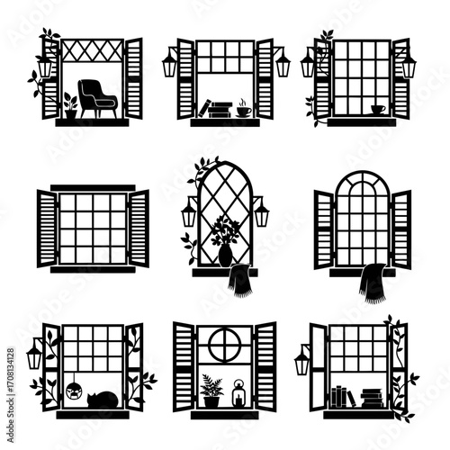 Vector art of collection of cozy window scenes with various decorations, including plants, furniture, and decorative items