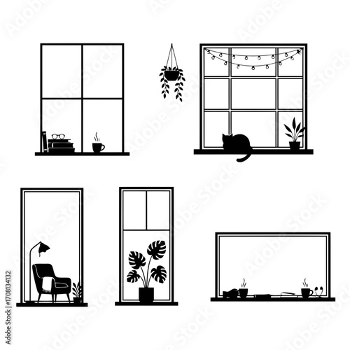 Vector art of collection of minimalist window scenes featuring plants, furniture, and decorative elements, creating a serene and modern atmosphere