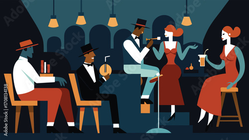 Roaring twenties speakeasy jazz club with musicians and patrons vector illustration