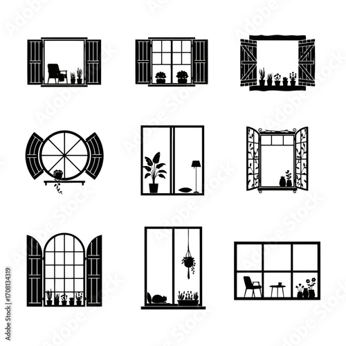 Vector art of collection of nine different window designs with various shapes and styles