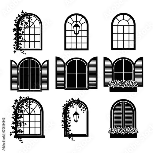 Vector art of collection of nine different window designs with various shapes and styles
