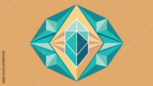 Geometric Diamond Shape with Teal and Beige Faceted Accents on Peach Background pattern symmetrical