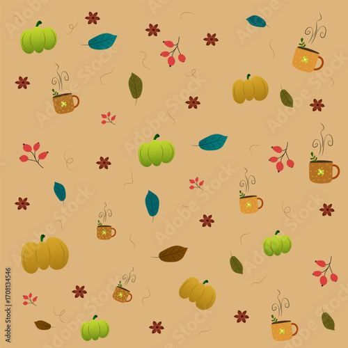 Seamless autumn pattern with pumpkins, coffee mugs, berries, and leaves on transparent background. Perfect for fall, Thanksgiving, textiles, wrapping paper, and seasonal design.