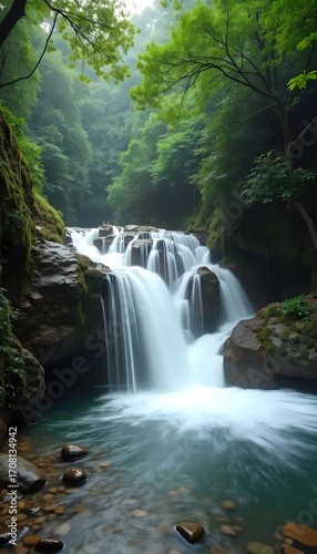 A small waterfall in the middle of a lush green forest.