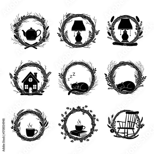 Vector art of cozy home icons set collection of cute wreaths with teapot, lamp, cat, house, coffee cup and rocking chair