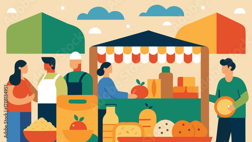 Vibrant illustration of a bustling farmer's market with fresh produce and diverse shoppers vector scalable