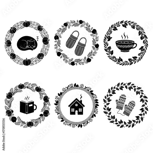 Vector art of cozy autumn and winter wreaths with cat, slippers, hot drink, book, house, and mittens for seasonal designs