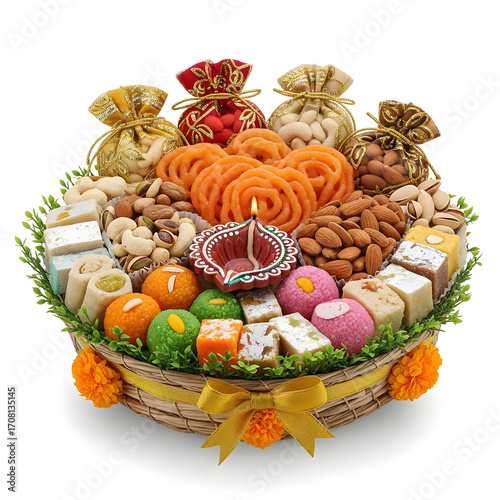 Festive Indian Sweet and Nut Basket with Diya and Candle for Celebrations