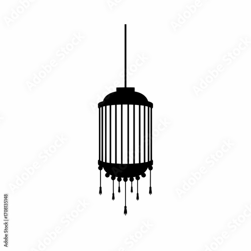 Vector art of minimalist black lantern silhouette, featuring a sleek cage design with hanging tassels, ideal for adding a touch of exotic charm