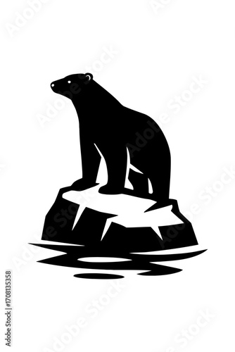 Vector art of polar bear standing on iceberg, black silhouette vector illustration of arctic animal in danger