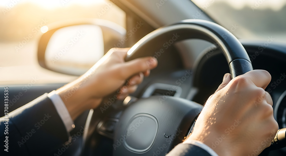 Naklejka premium Close-up of a businessman's hands confidently gripping the steering wheel during a sunny commute