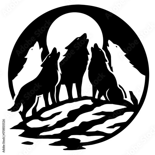 Vector art of a captivating circle of howling wolves under the moon, their voices echoing through the night in a symphony of natures song