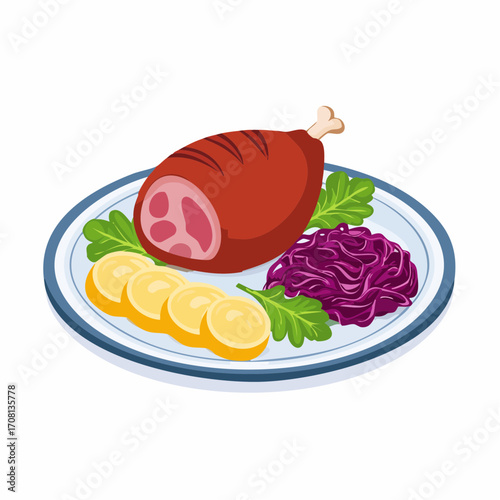 Schweinebraten mit Knödeln und Rotkohl