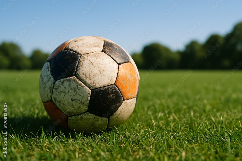 Fototapeta premium Old soccer ball on grass field