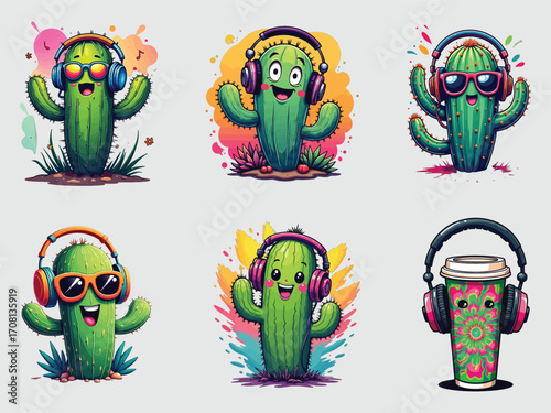 Cute cactus characters with headphones grooving to music fun cartoon plant designs