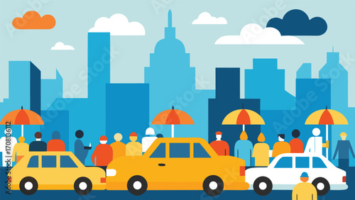 Bustling new york city street scene with yellow taxis and pedestrians vector illustration