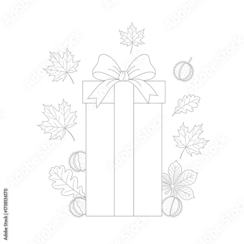 Vector art of gift box surrounded by autumn leaves, a symbol of seasonal celebration and the beauty of falls natural bounty