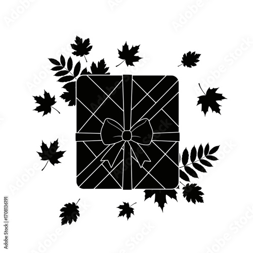 Vector art of top view of gift box with autumn leaves, a symbol of seasonal celebration and the beauty of falls natural bounty