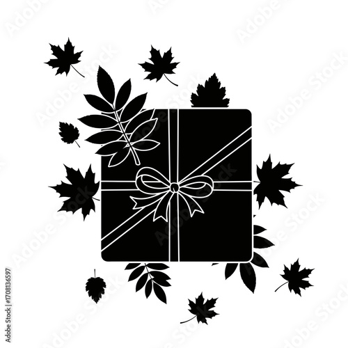 Vector art of a beautifully wrapped gift box surrounded by autumn leaves, , creating a festive and seasonal atmosphere for celebrations