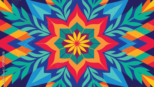 Geometric Mandala with Floral and Leaf Motifs in Bright Colors leaves pattern