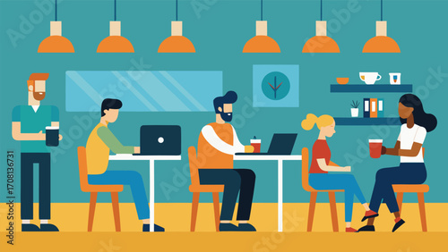 Busy cafe scene vector illustration baristas serving coffee people meeting working and relaxing eps scalable