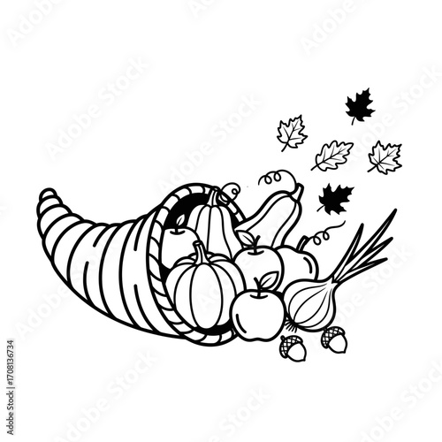 Illustration of a cornucopia with fruits and vegetables, a symbol of abundance and harvest season celebration