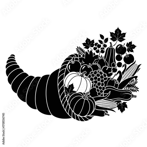 Illustration of a cornucopia with fruits and vegetables, a symbol of abundance and harvest season celebration