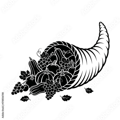 Vector art of a black and white illustration of a cornucopia filled with fruits and vegetables, a symbol of autumn and harvest season