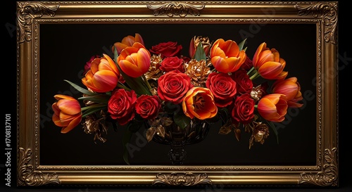 Flowers and foliage inside ornate tv frame wallpaper, digital wall art, vintage bouquet with floral centerpiece