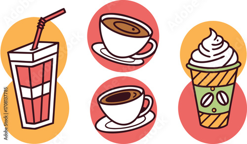 A collection of stylized drinks: coffee cups, a soda cup, and a whipped cream beverage vector Illustration