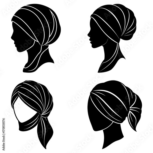 Silhouette portraits of women wearing headscarves with white stripes in different styles and arrangements