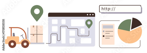Forklift moves packages, map with route and geo-tags, web URL, pie chart, and document highlight supply chain monitoring. Ideal for logistics, shipping, analytics, planning efficiency e-commerce